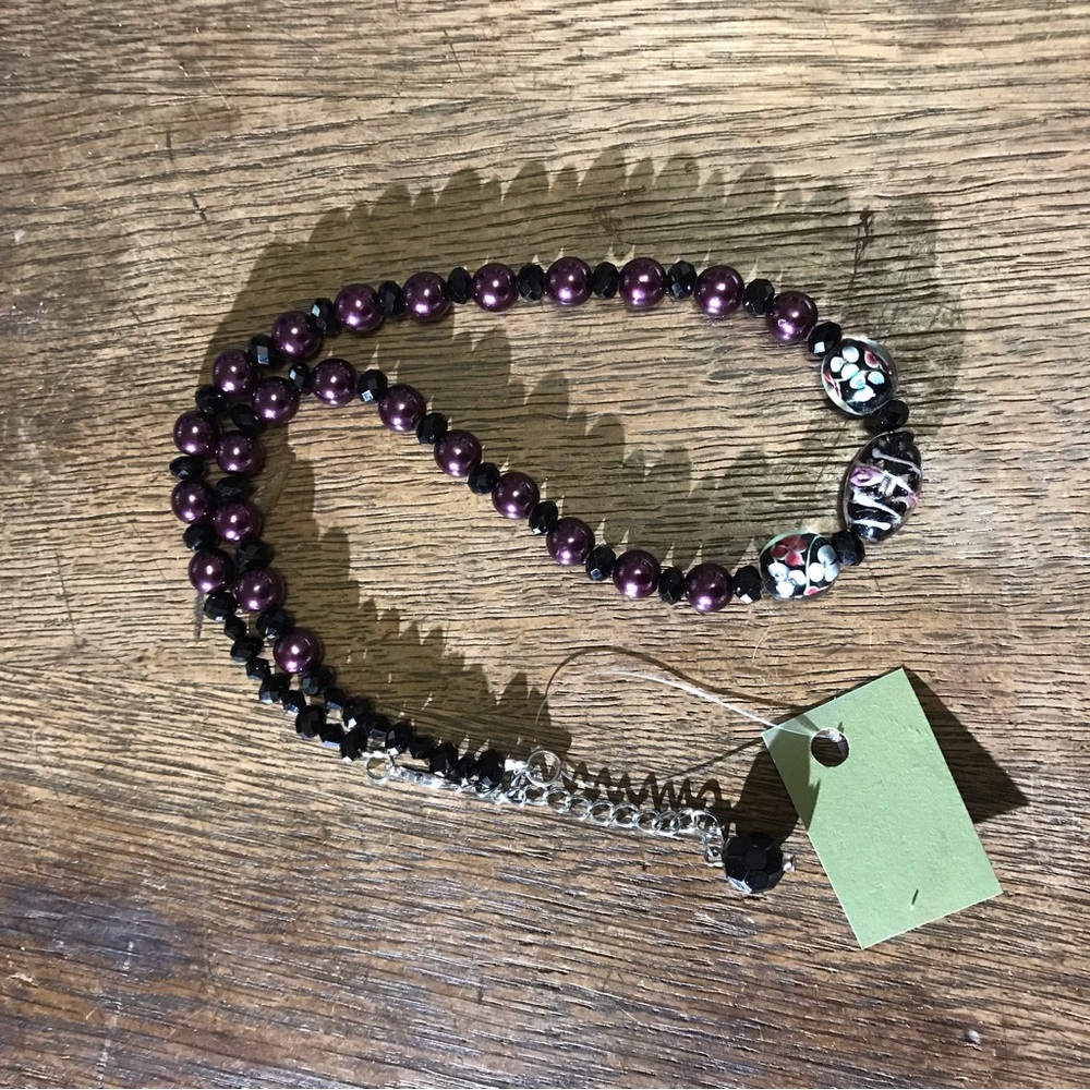 Handmade Glass Beads Purple and Black w Floral Accent Beads